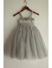 Beaded Gray Satin Tulle Flower Girl Dress Photoshoot Dress